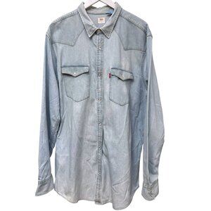 Levis Mens Denim Shirt 2XL Tall Blue Western Pearlized Snap Buttons Long Sleeve